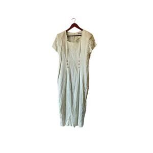 Vintage 80s sage green gingham midi dress with button details size large‎